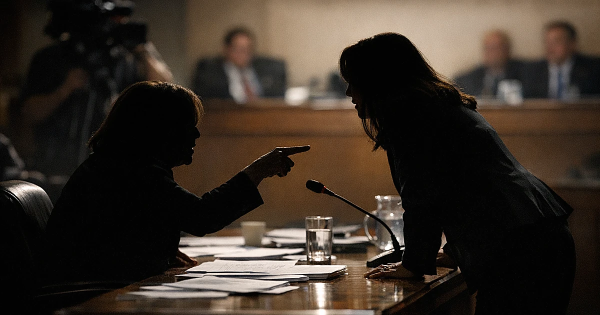 Editorial illustration depicting a tense congressional hearing scene with two figures in confrontation