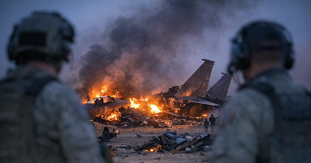 Editorial illustration depicting military aircraft and air defense systems in a combat scenario over desert terrain