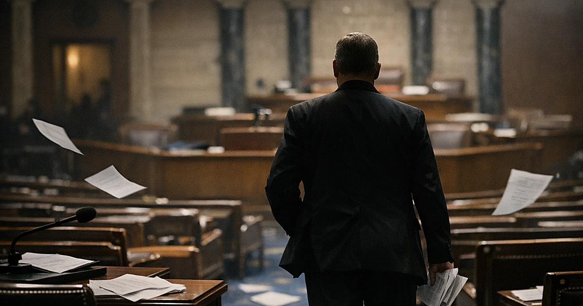 Illustration depicting the U.S. Capitol building with abstract elements suggesting departure or transition