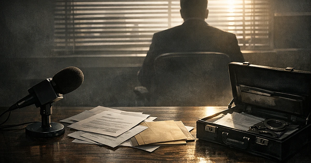 Silhouetted figure at desk with microphone and legal documents, backlit by window with venetian blinds