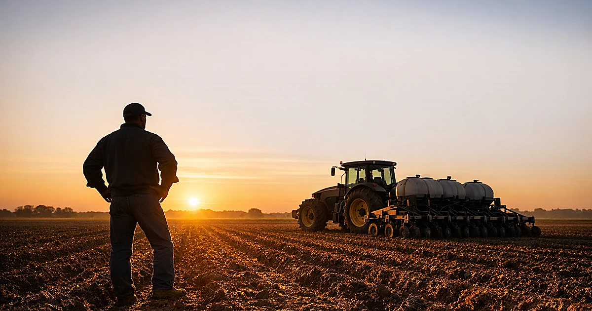 Farmer silhouette standing beside tractor in expansive plowed field at sunset, North Carolina farmland