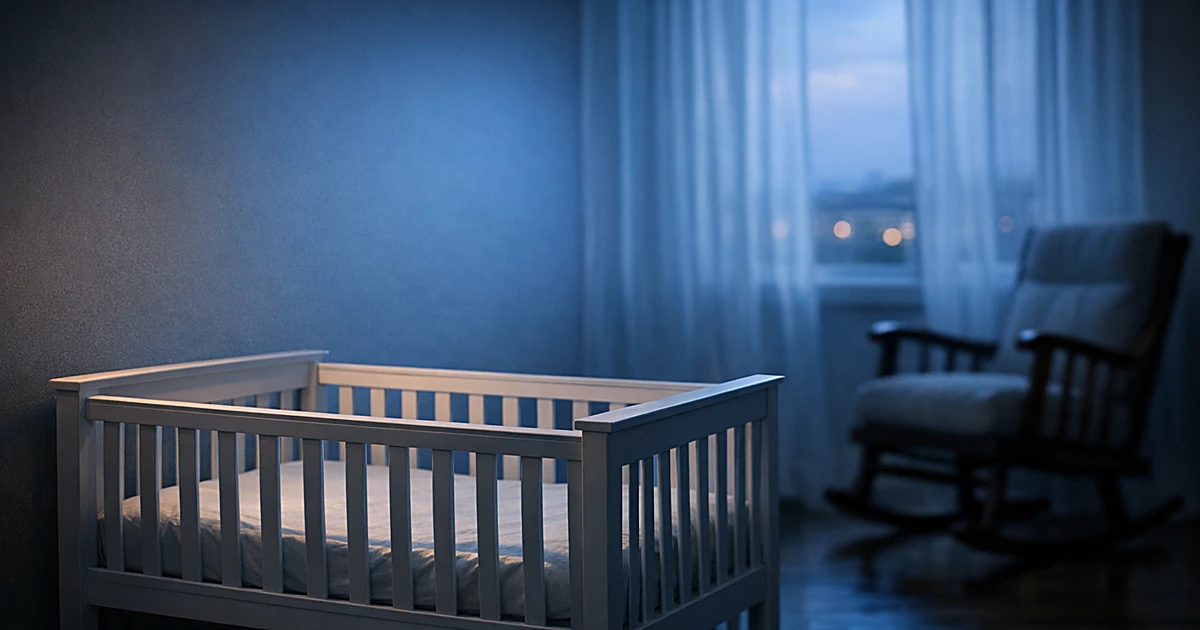 Empty modern nursery with unused white crib in twilight, minimalist and pristine with no signs of occupancy
