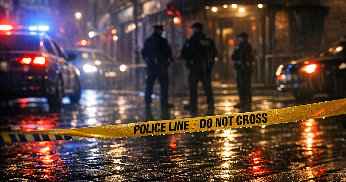 Police tape across wet London street at night with emergency lights reflecting on pavement outside nightclub