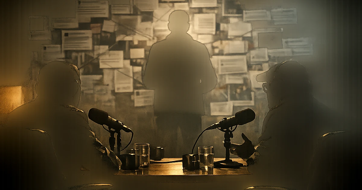 Silhouettes of two people recording podcast with wall of documents visible behind them in shadowy background