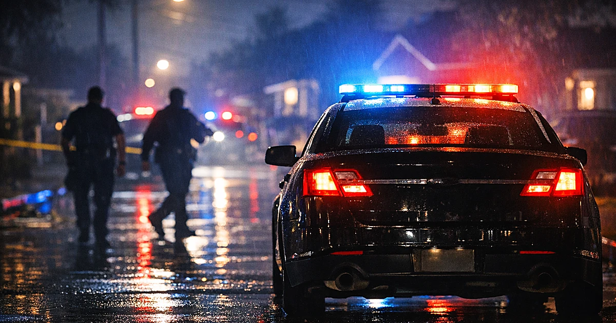 Police patrol car with flashing emergency lights on dark residential street at night