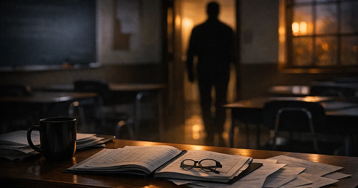 Empty high school classroom at dusk with teacher's desk and silhouetted figure in doorway