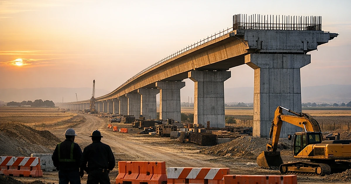 Unfinished concrete rail viaduct stretching across Central Valley farmland with idle construction equipment