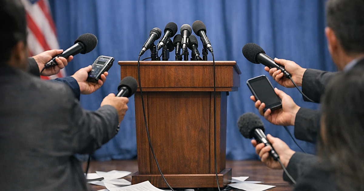 Reporters' arms holding microphones extended toward empty congressional podium in press briefing room