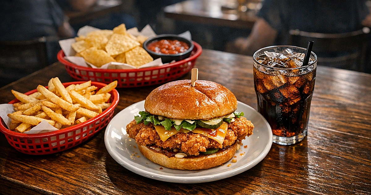 Overhead view of chicken sandwich meal with fries and drink on restaurant table