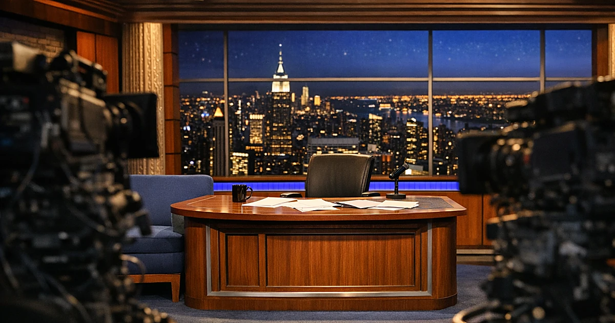 Empty late-night TV studio desk under bright lights with camera equipment silhouettes and city backdrop