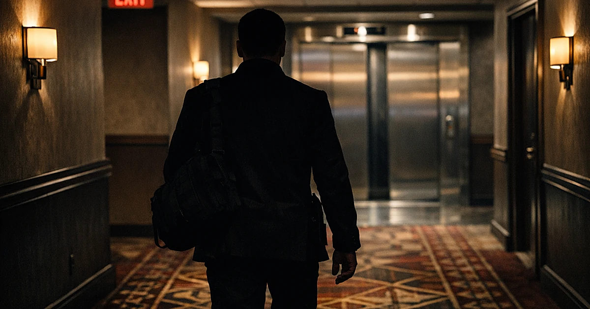 Silhouetted figure walking down hotel corridor toward illuminated elevators with emergency exit signs