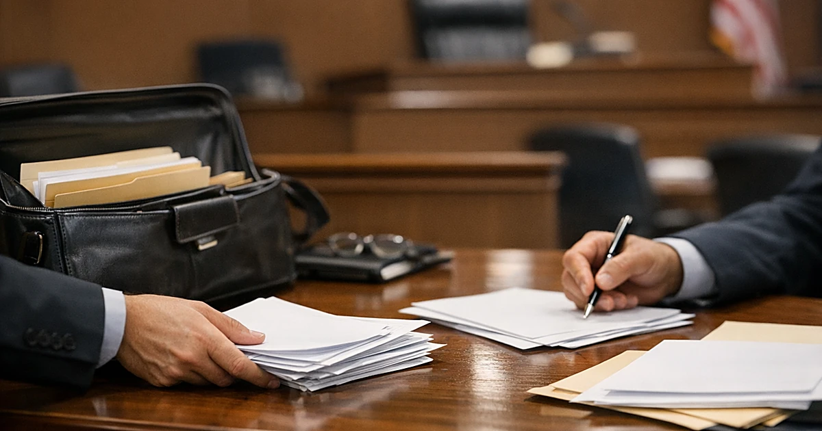 Attorney's hands sliding legal documents across courtroom defense table with open briefcase