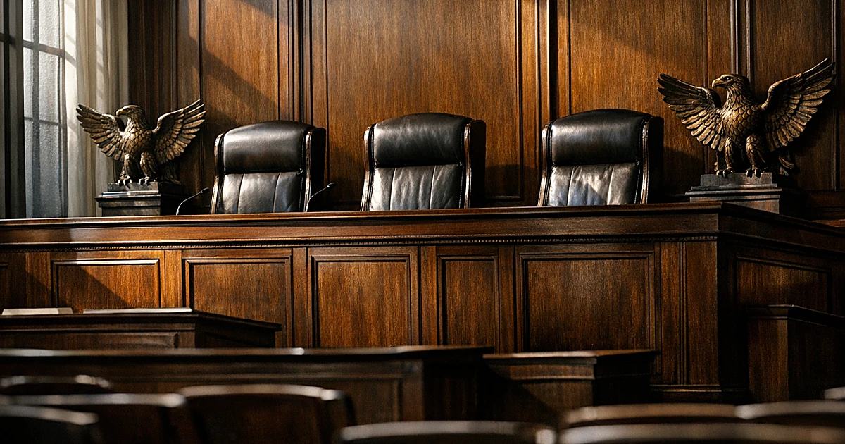 Empty federal appeals court bench with three judicial chairs in dramatic side lighting