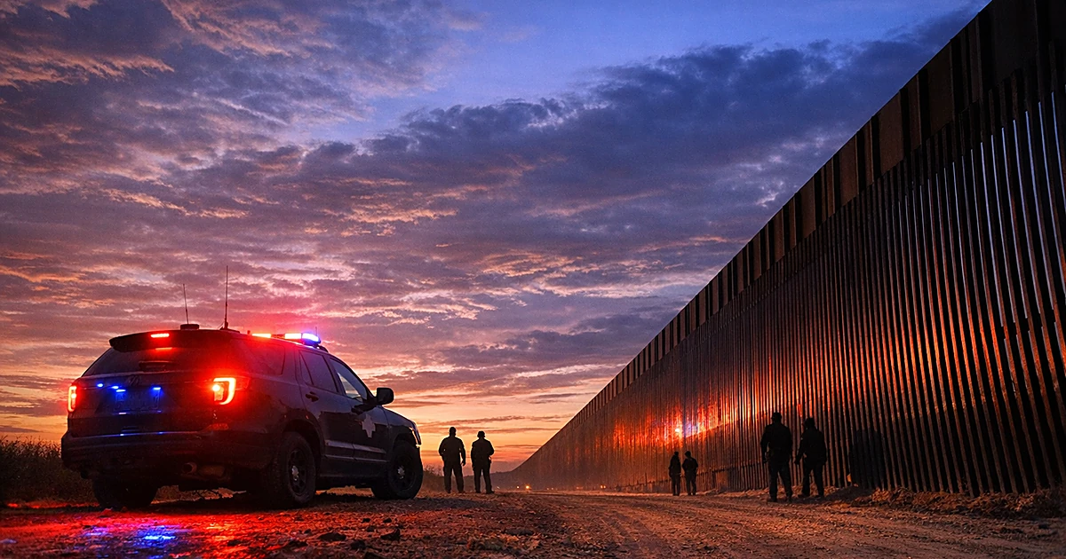 Texas state patrol vehicle with flashing lights positioned along border barrier at dusk