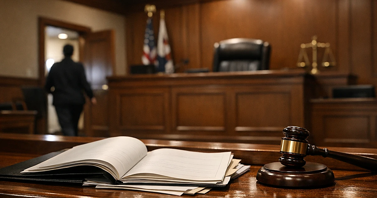 Federal courtroom interior with judge's bench, open case files, and silhouetted court clerk departing chamber