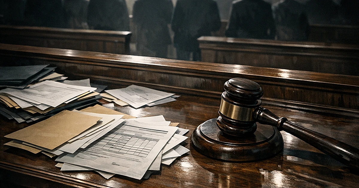 Gavel on courtroom bench with scattered voter registration documents and silhouetted figures in background