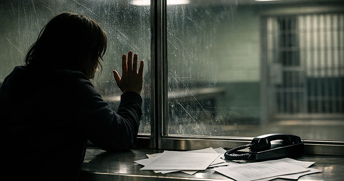 Prison visitation room with security glass partition, silhouetted figure, and scattered documents on metal counter