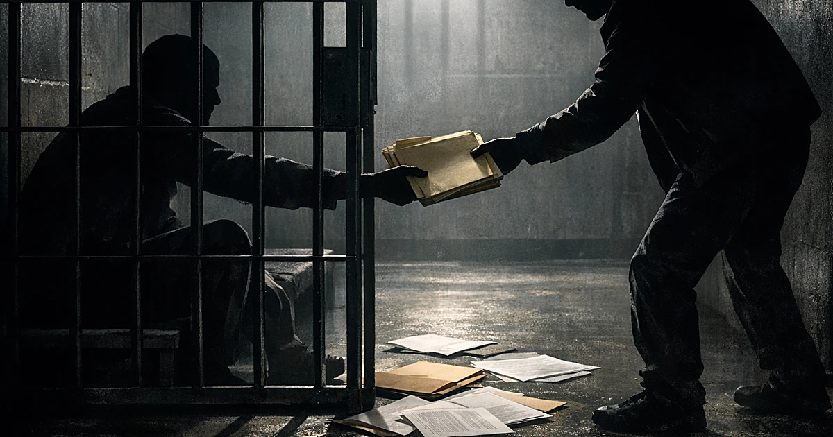 Silhouetted figure behind bars passing documents through cell to another figure outside in dim institutional light