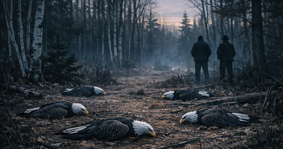 Five deceased bald eagles lying on forest floor in Michigan's Upper Peninsula surrounded by pine trees