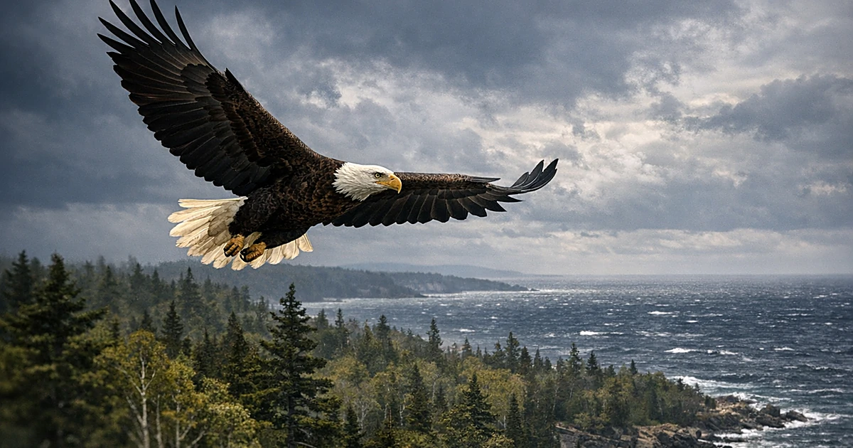 Bald eagle soaring over Upper Peninsula forest and Lake Michigan waters under stormy sky