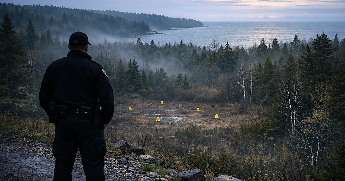 Law enforcement officer silhouette overlooking remote wooded shoreline investigation area in Michigan's Upper Peninsula