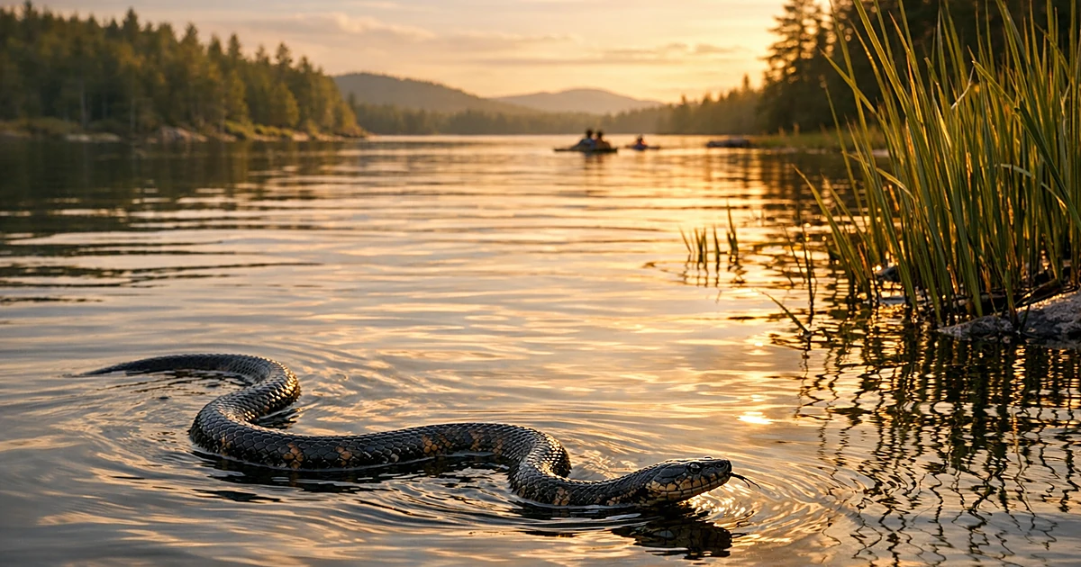 Water snake swimming across northern lake surface at dusk with pine shores in background