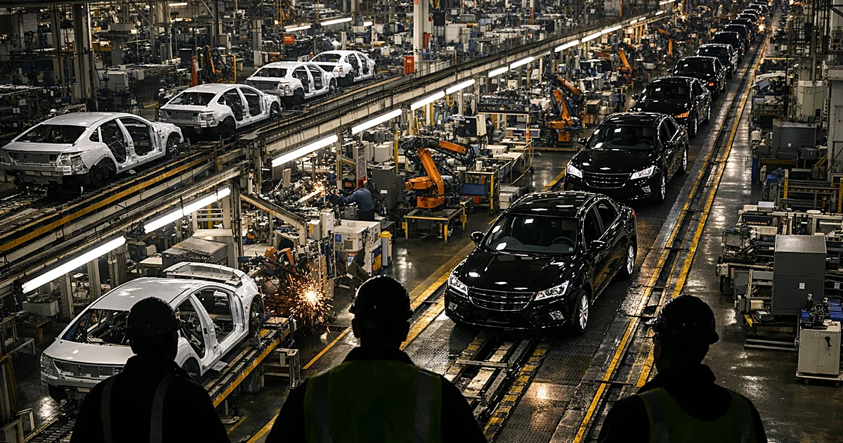 Automotive assembly line with vehicle chassis on conveyors and silhouetted workers in industrial factory setting