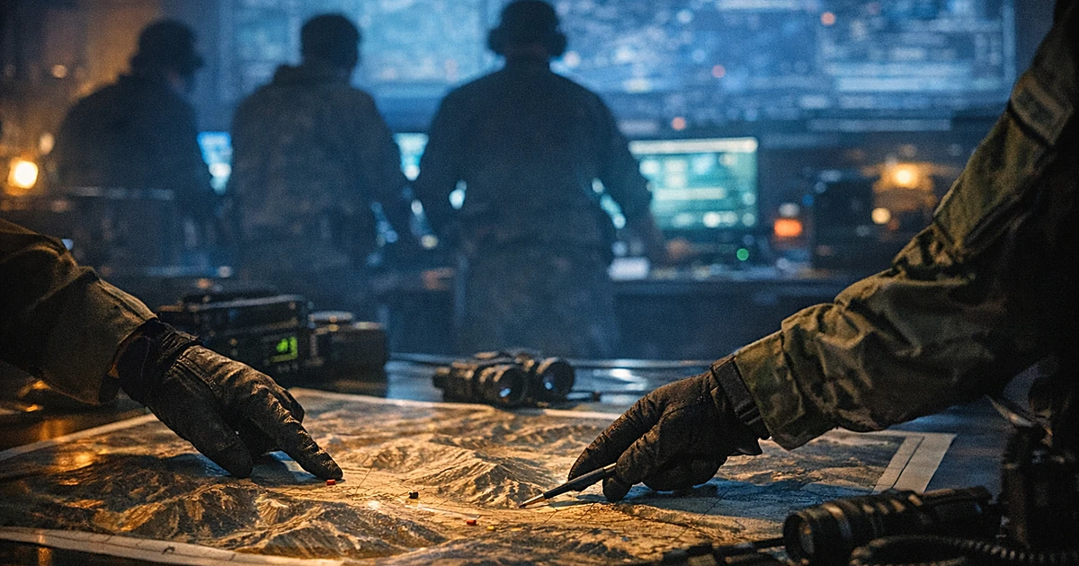Military operations room with topographical map on table and silhouetted personnel at communication stations