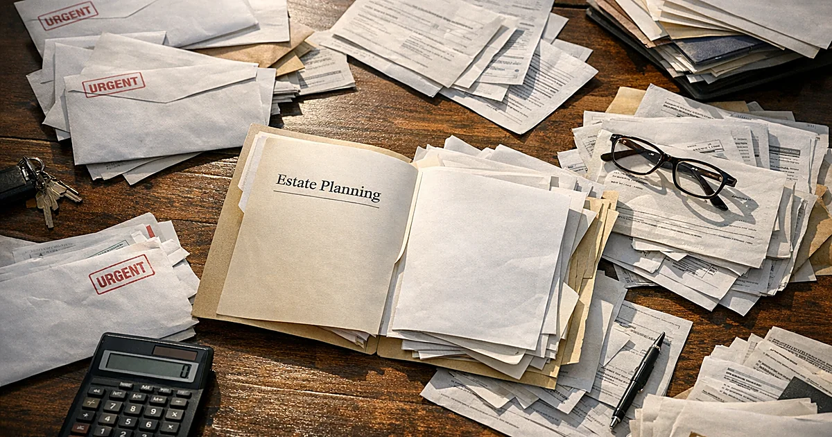 Overhead view of cluttered desk with unopened legal documents, calculator, and scattered estate planning papers