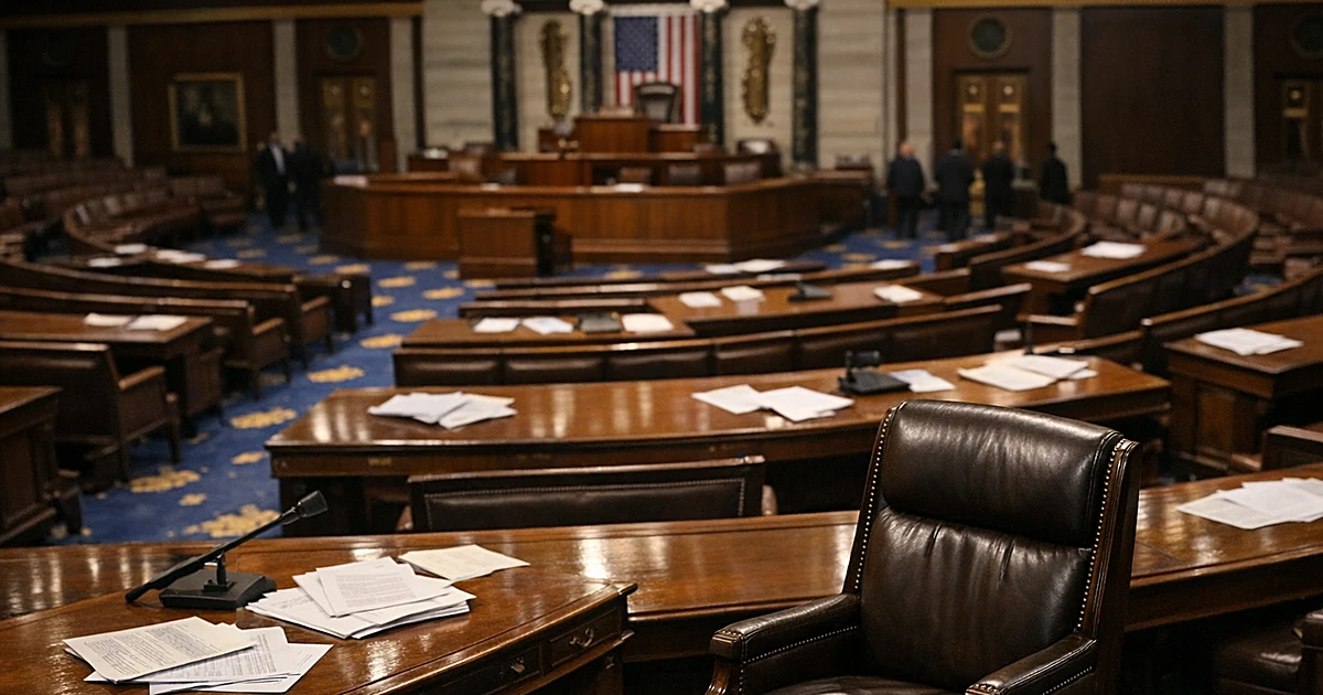 Empty House chamber floor with vacant desk chair and scattered papers under dramatic overhead lighting