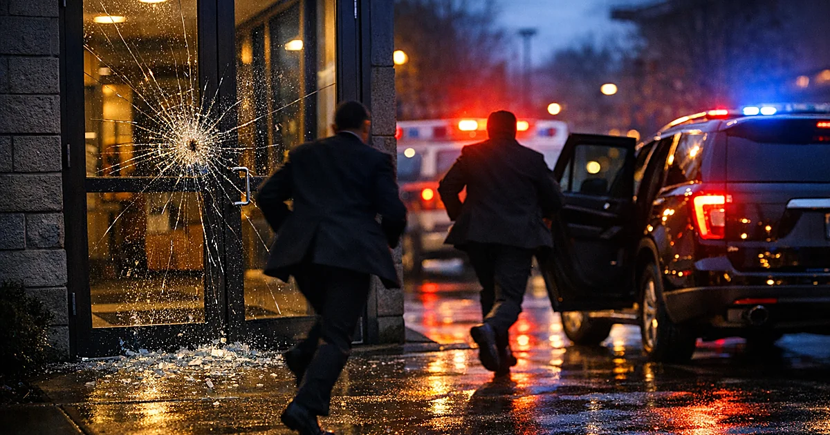 Cracked glass door of community center with silhouetted security personnel evacuating toward vehicle at dusk