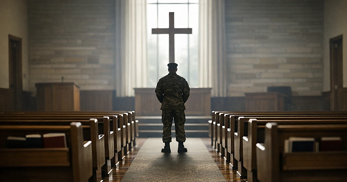 Empty military chapel interior with wooden pews and silhouetted uniformed figure standing at attention near altar