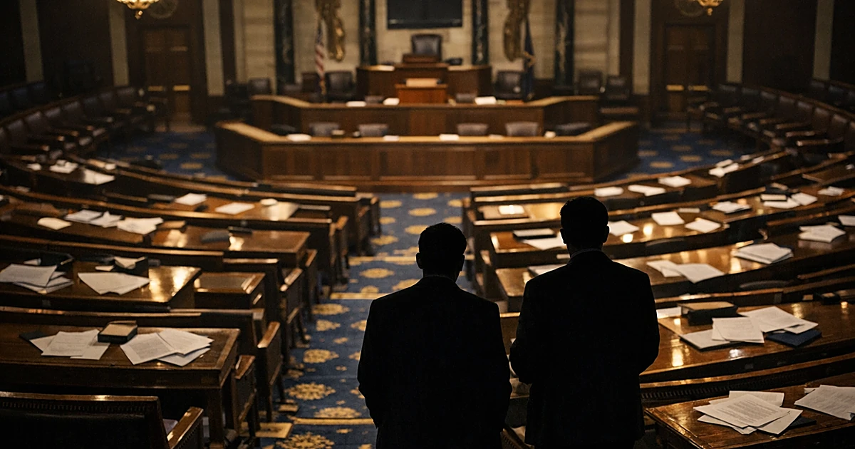 Empty congressional chamber with scattered papers on desks and silhouetted figures in discussion