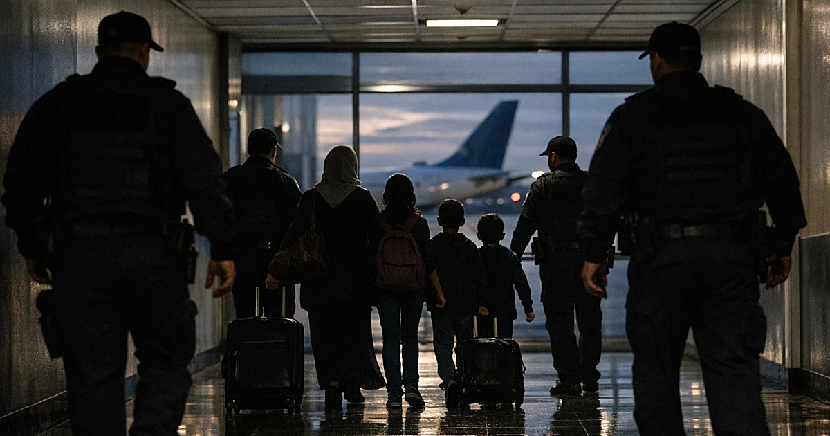 Silhouetted family group with luggage being escorted through airport terminal by uniformed figures at dusk