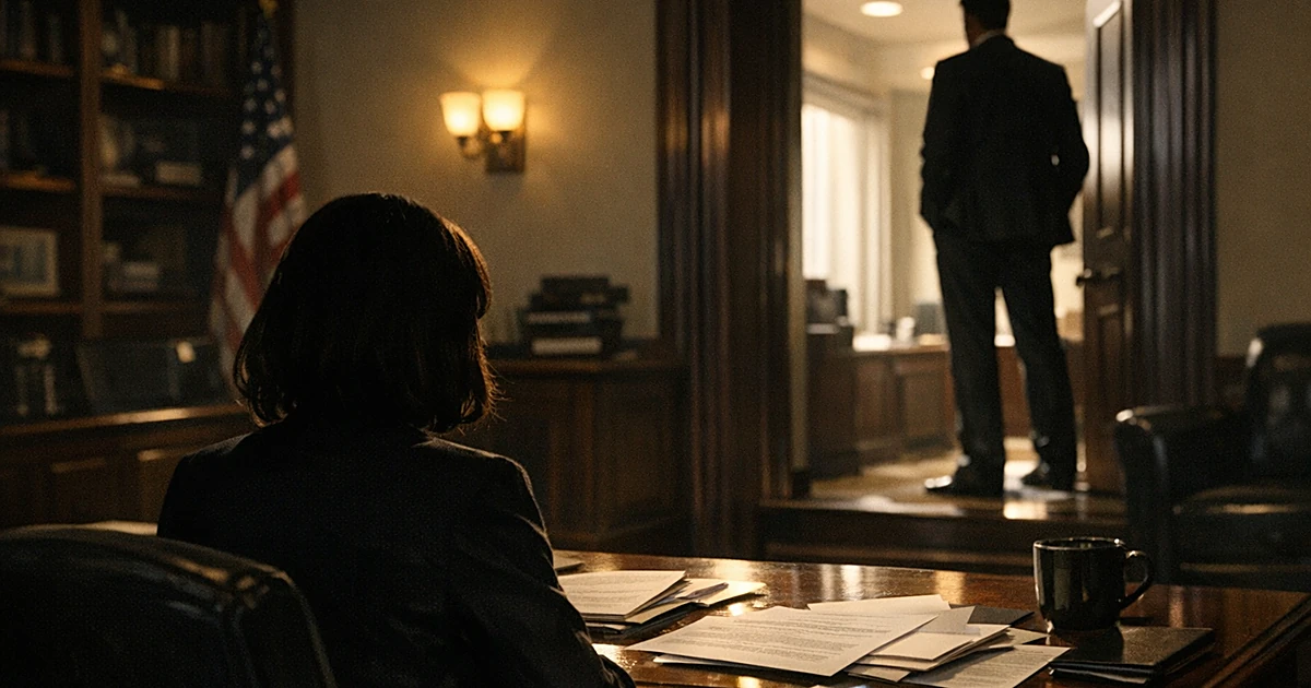 Two silhouetted office workers positioned at different heights in a congressional office interior