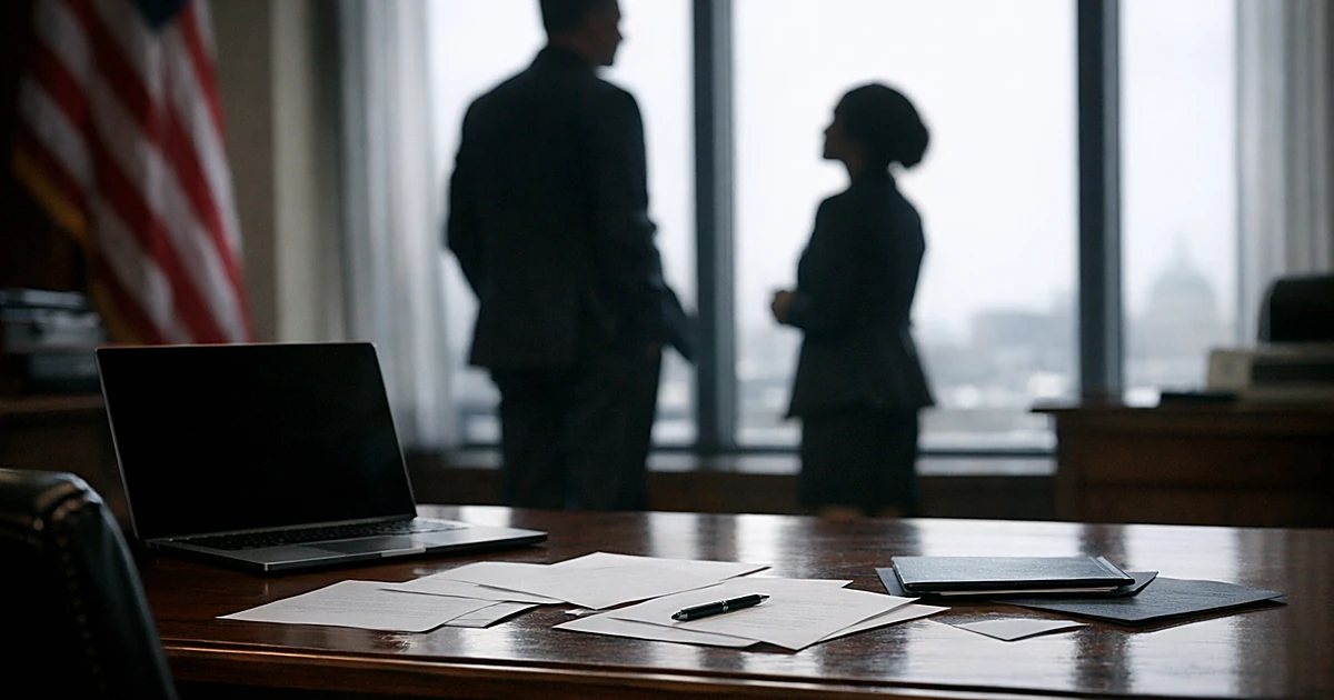 Congressional office interior with silhouetted figures in conversation near windows, desk with papers in foreground