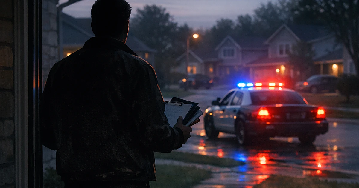 Silhouette of person at doorstep with police car's emergency lights flashing on suburban street at dusk