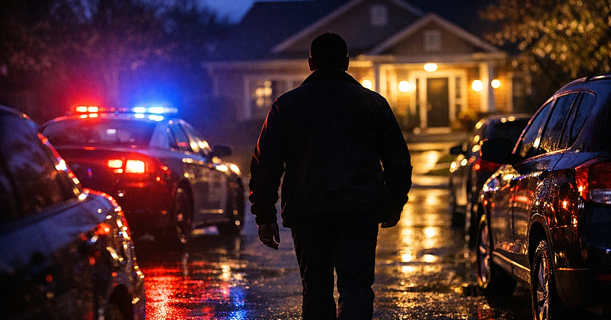 Police cruiser with flashing lights on suburban residential street at dusk with silhouetted figure walking