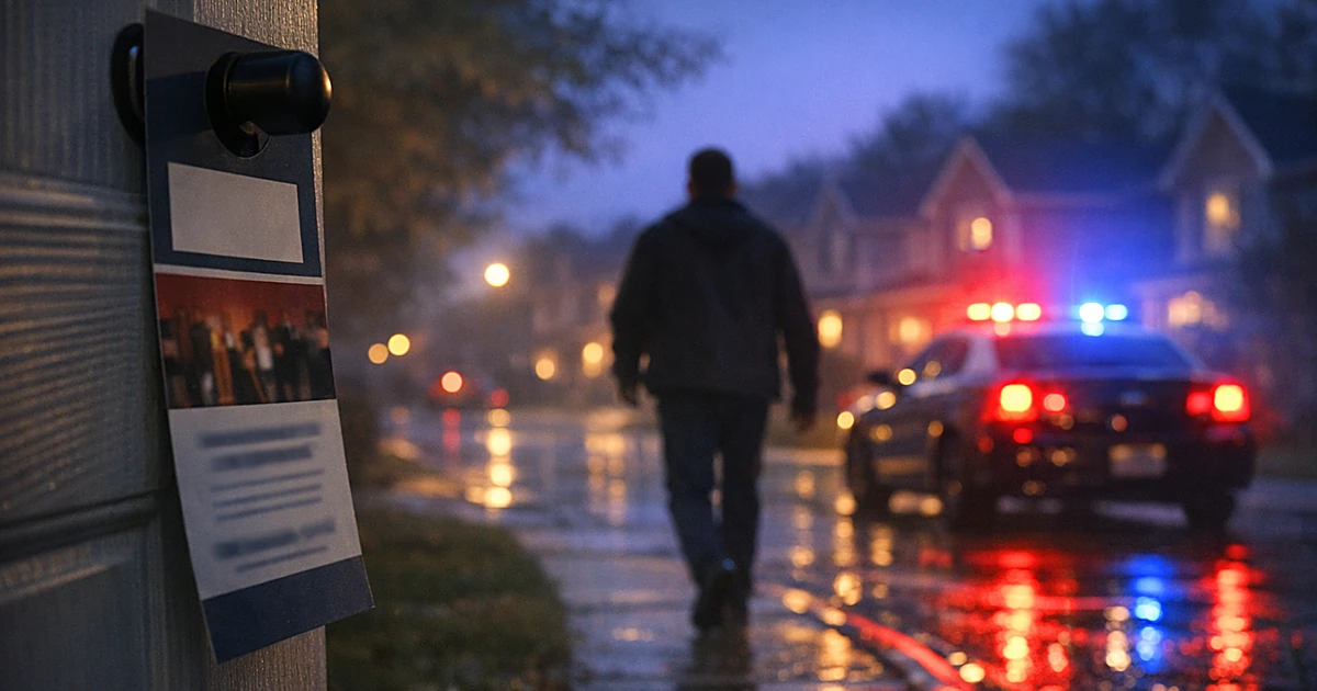 Police cruiser with flashing lights on residential street at dusk with silhouetted figure and campaign materials