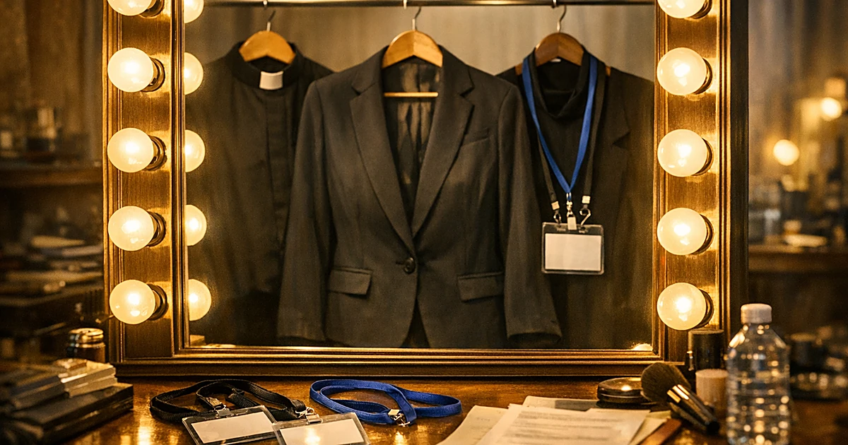 Dressing room mirror with multiple professional name tags and outfits hanging, suggesting shifting personas