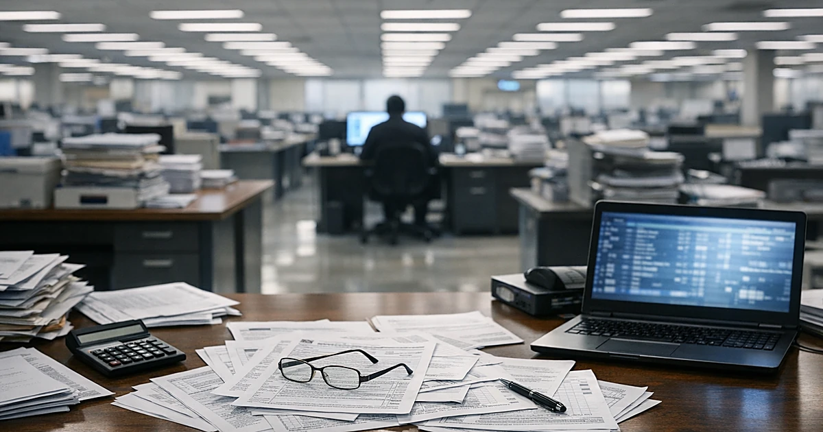 Empty IRS office with rows of vacant desks and single worker silhouette processing tax documents under fluorescent lights