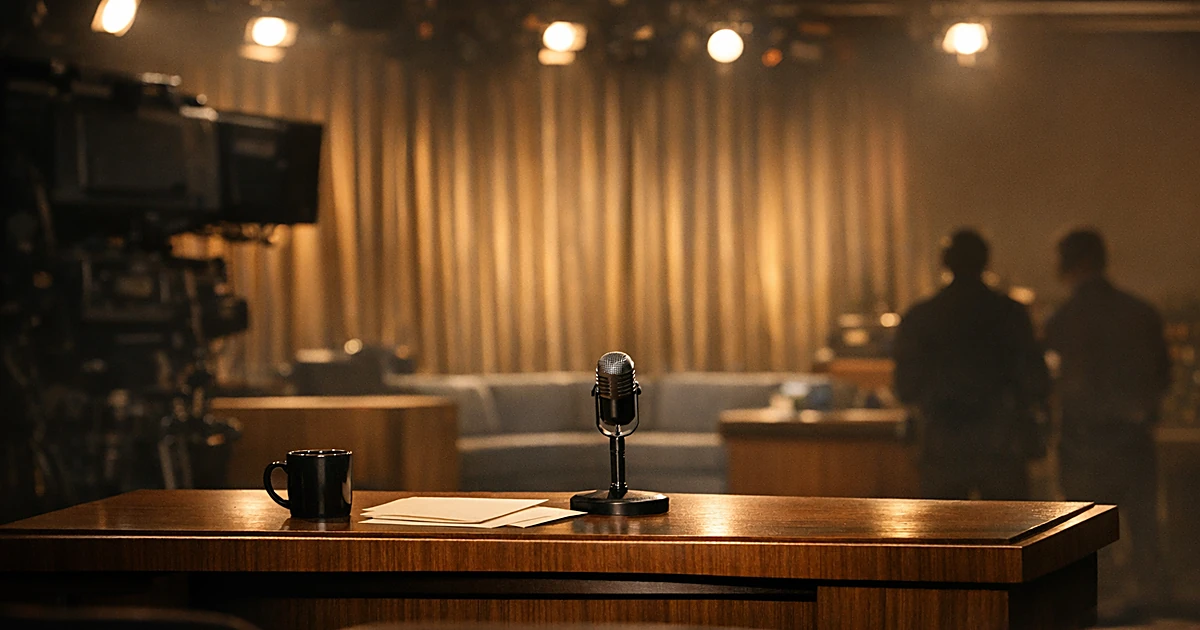 Empty 1980s television studio desk with microphone under warm stage lights and curtain backdrop