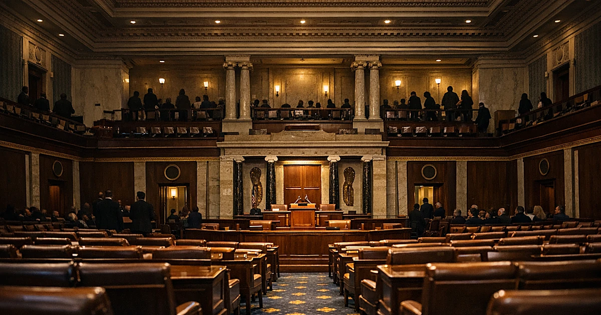 Empty legislative chamber with podium and rows of seats under warm lighting