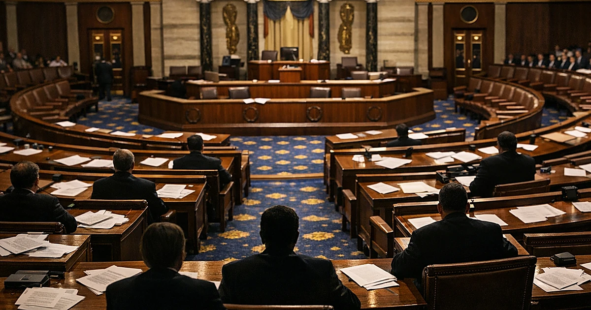 Empty legislative chamber with rows of leather seats and scattered papers under warm overhead lighting