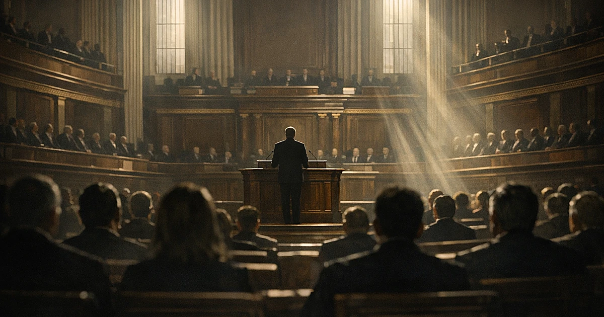 Silhouetted figure addressing congressional chamber from podium with seated audience shown from behind