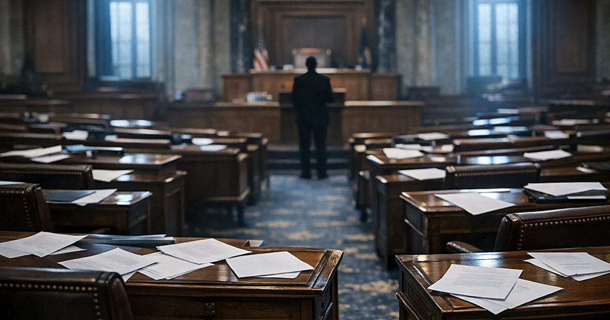 Empty legislative chamber with scattered papers on benches and distant silhouetted figure at podium