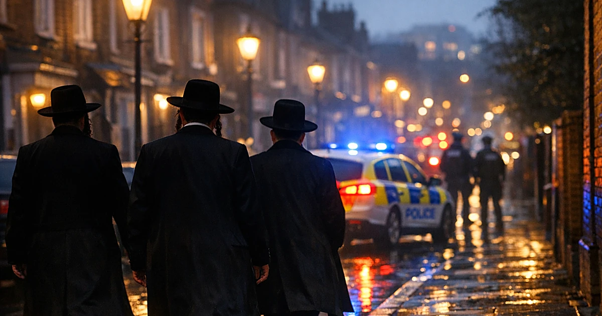 Silhouetted figures walk past police car with emergency lights on residential street at dusk