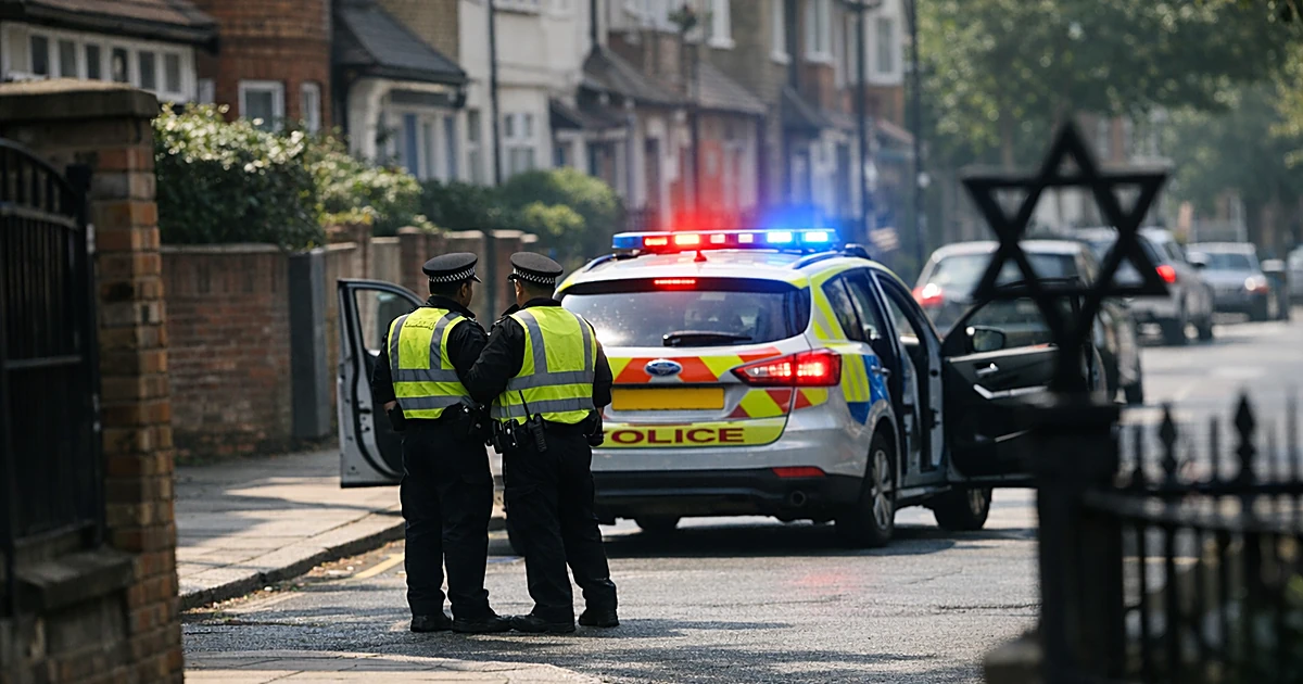 Metropolitan Police patrol car with flashing lights on residential London street with officers in silhouette
