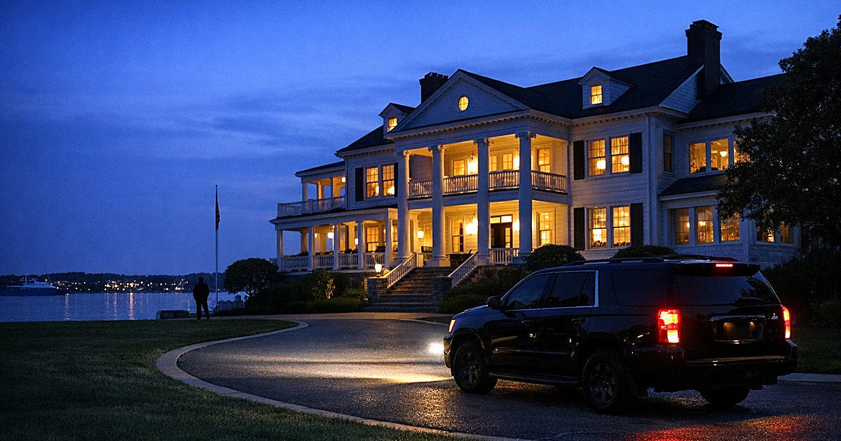 Illuminated waterfront military residence at dusk with government vehicle in driveway