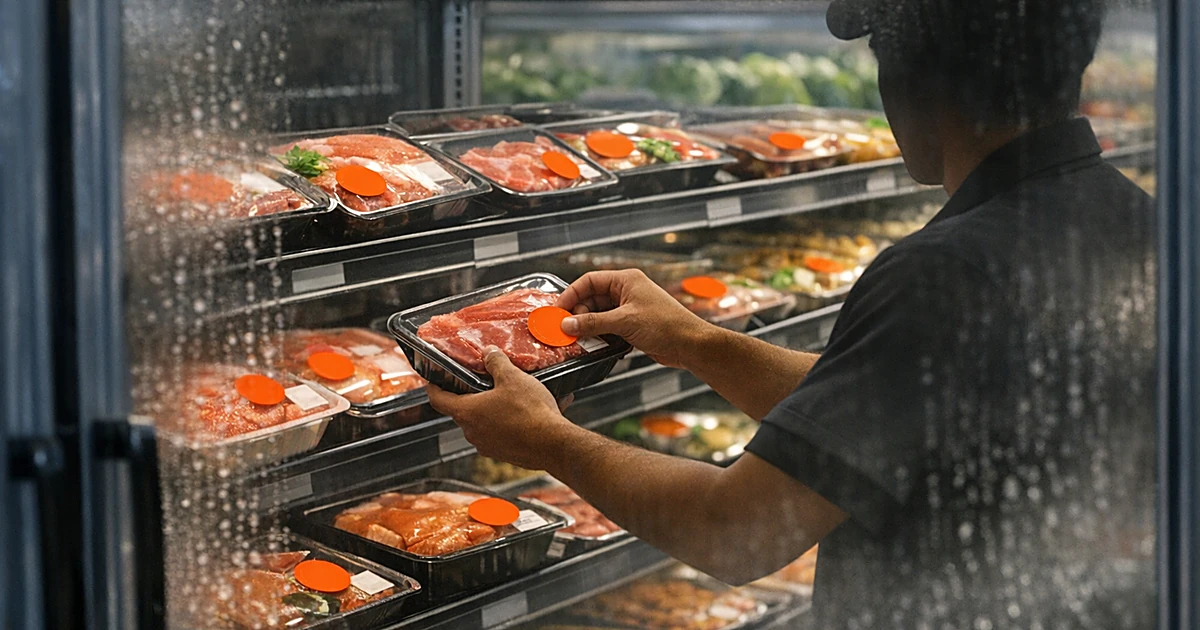 Worker placing discount stickers on perishable food items in grocery store refrigerated section